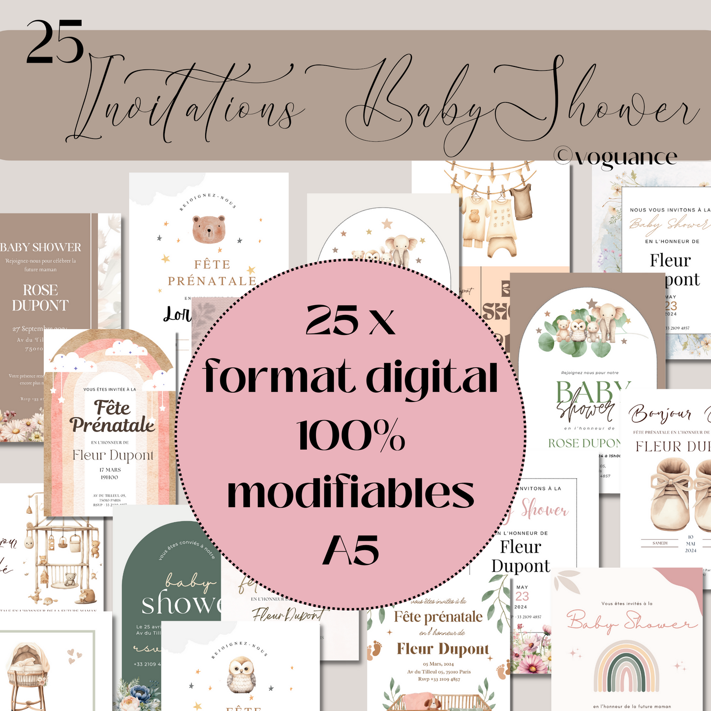 Lot de 25 Cartes d'Invitation Baby Shower Modifiables - Tons Neutres, A5 - Premium Media de voguance - Seulement €24.99! J'achète maintenant voguance