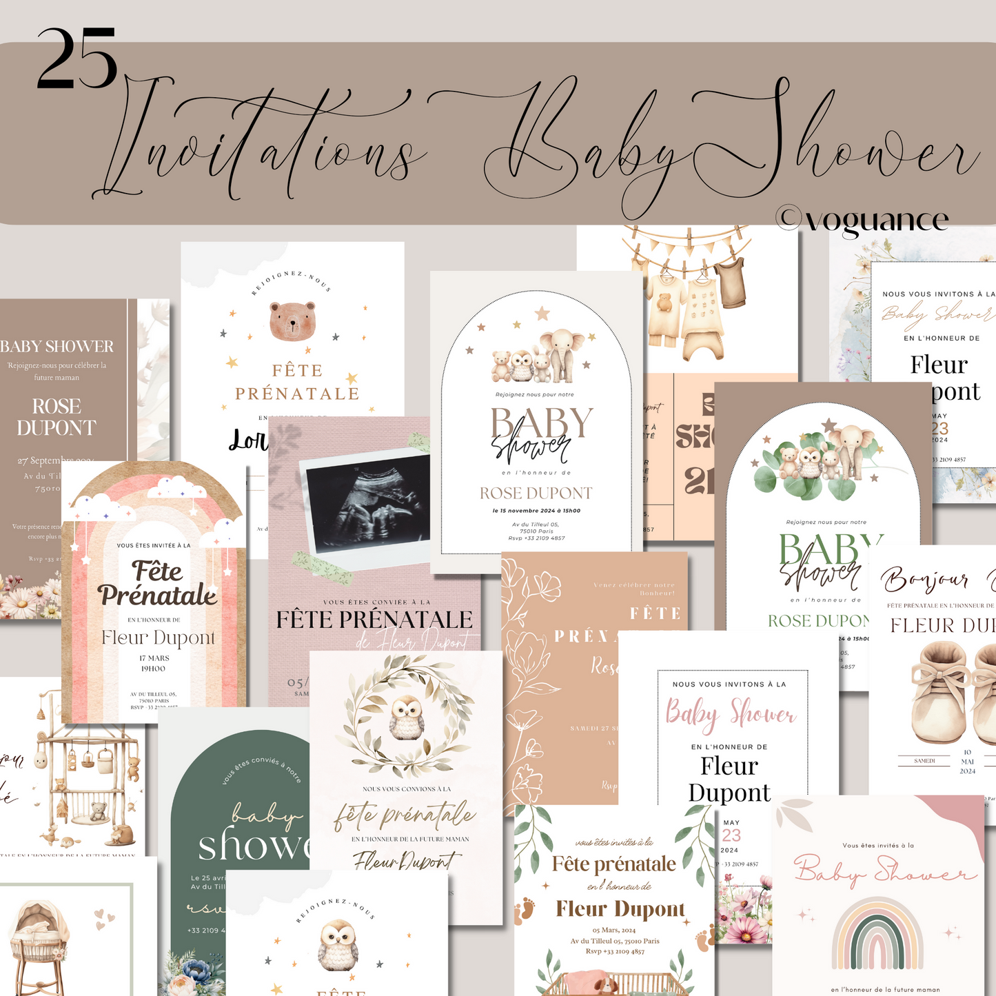 Lot de 25 Cartes d'Invitation Baby Shower Modifiables - Tons Neutres, A5 - Premium Media de voguance - Seulement €24.99! J'achète maintenant voguance
