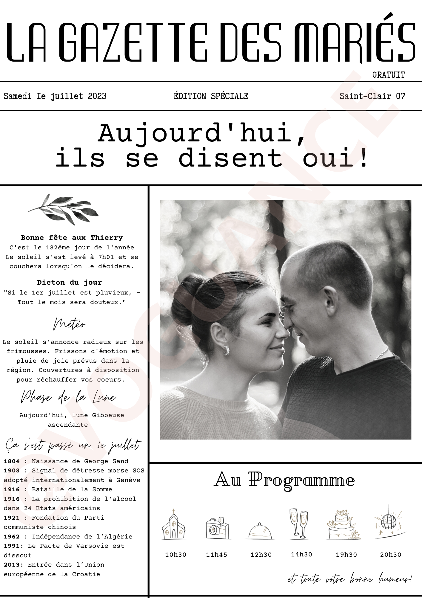 Gazette des Mariés "Aujourd'hui, ils se disent oui", modifiable à télécharger 4 pages, A3 - Premium Magazine de voguance - Seulement €29.99! J'achète maintenant voguance