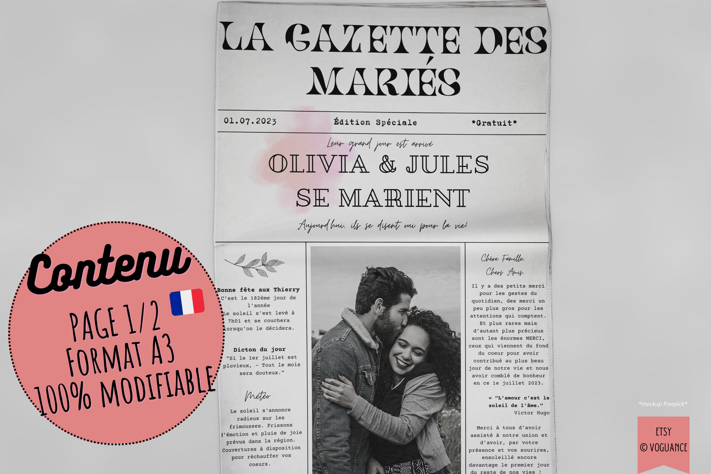 La Gazette des Mariés: 2 pages A3 à modifier et imprimer - Premium Magazine de voguance - Seulement €19.99! J'achète maintenant voguance