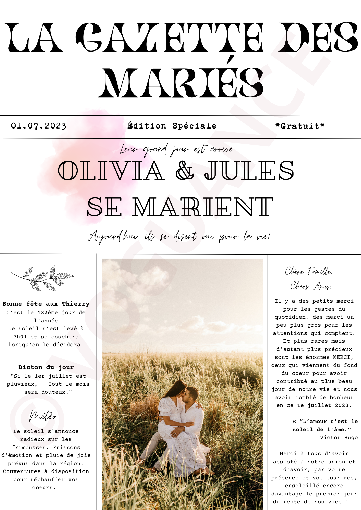Gazette des Mariés à imprimer format A3, 4 pages à personnaliser - Premium Magazine de voguance - Seulement €29.99! J'achète maintenant voguance