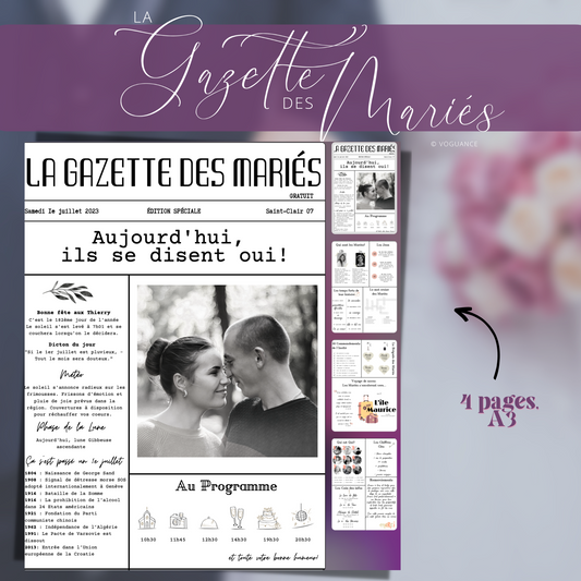 Gazette des Mariés "Aujourd'hui, ils se disent oui", modifiable à télécharger 4 pages, A3 - Premium Magazine de voguance - Seulement €29.99! J'achète maintenant voguance