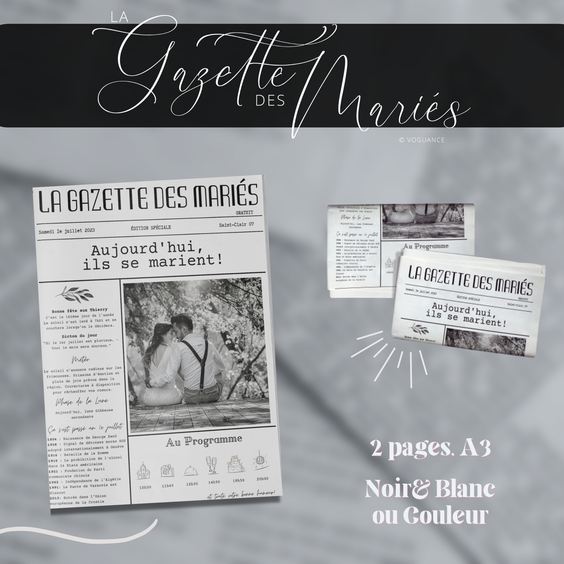 Gazette des Mariés A3 en Français, personnalisable à imprimer, 2 pages A3 - Premium Magazine de voguance - Seulement €19.99! J'achète maintenant voguance