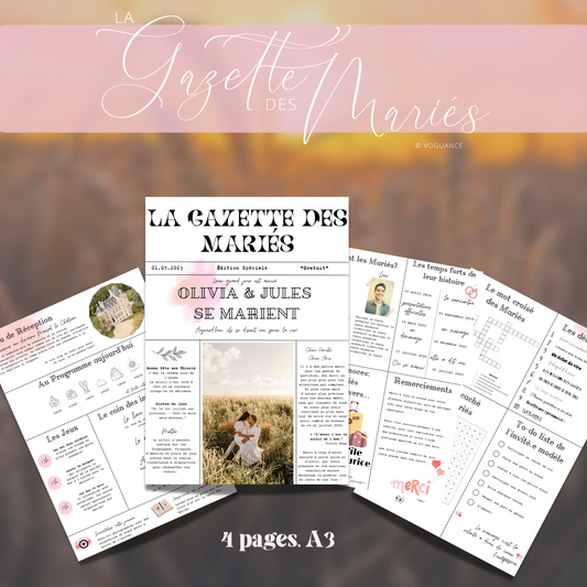 Gazette des Mariés à imprimer format A3, 4 pages à personnaliser - Premium Magazine de voguance - Seulement €29.99! J'achète maintenant voguance