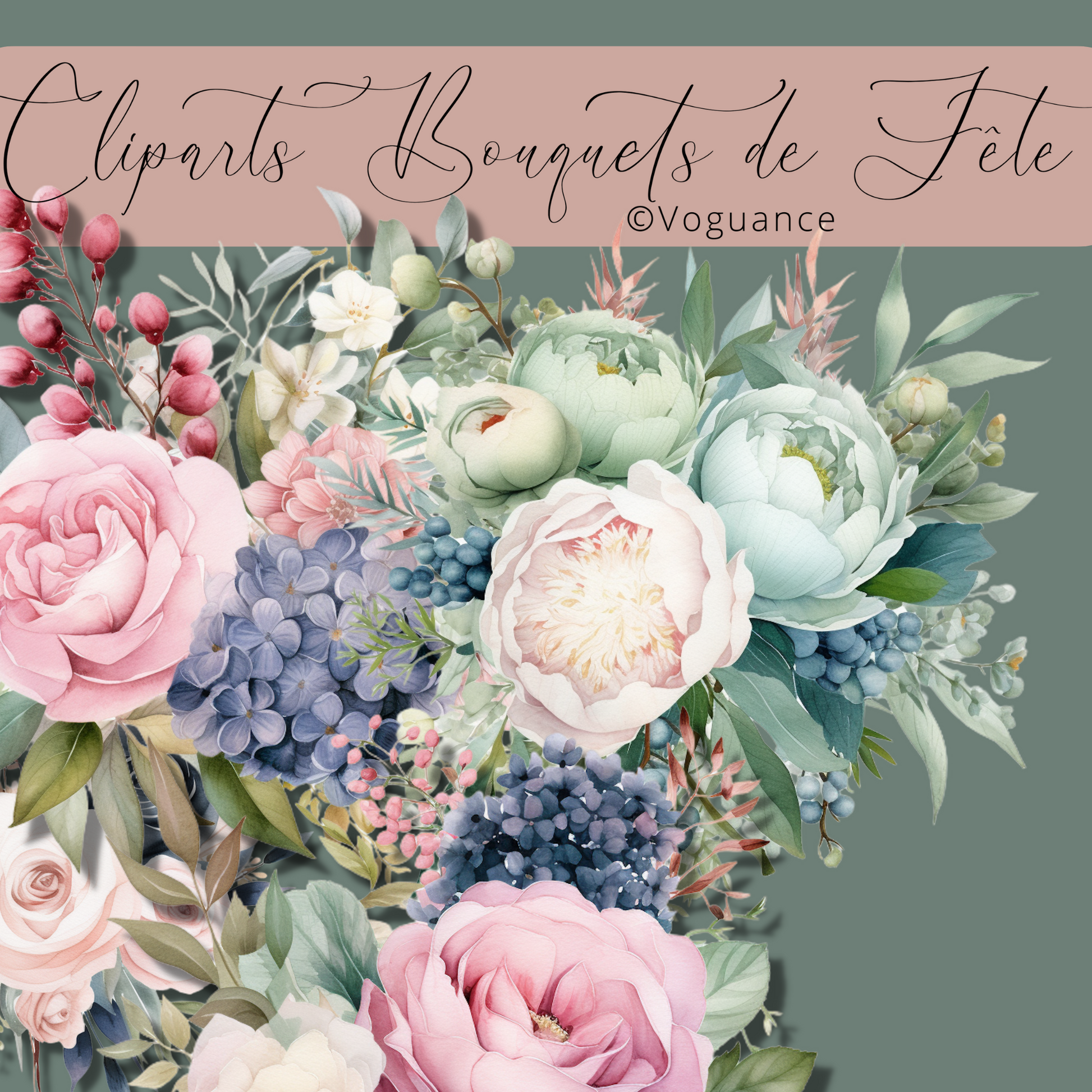 Cliparts de Bouquets Élégants : Roses, Hortensias, Fleurs Exotiques & Eucalyptus - Premium Media de voguance - Seulement €5! J'achète maintenant voguance
